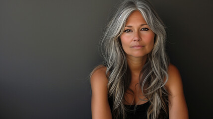 Fototapeta premium Elegant middle-aged Asian woman in black outfit with silver hair isolated on dark background.