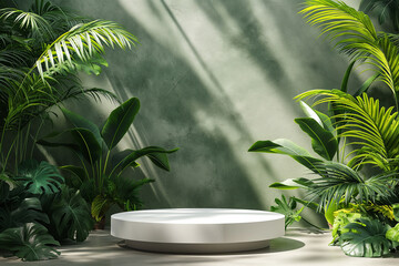 White cylindrical display podium surrounded by tropical green leaves on a teal background. Product presentation, nature-inspired showcase, and botanic exhibition concept, generative ai