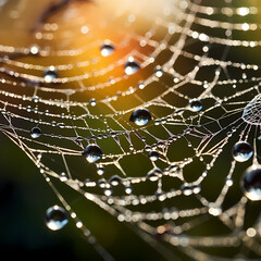 A macro shot of raindrops on a spiderweb in the early morning