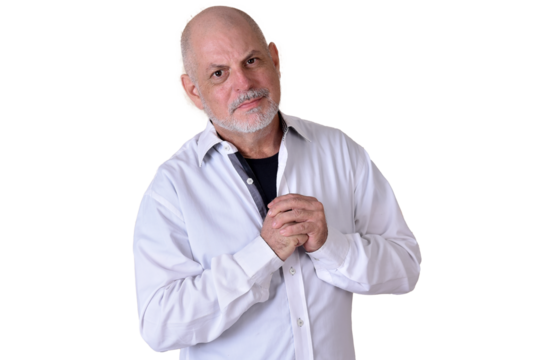 portrait of charming man in black and white shirt with gray beard and bald head model