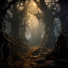A mysterious forest with fog weaving through tall trees