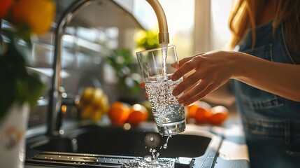 In-depth of a woman refilling a glass with water from her cooking area faucet health perturb lady and space, Generative AI.