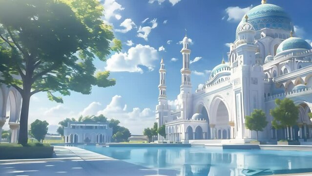 Fantasy palace with domes and towers by a reflective pool under a clear blue sky.