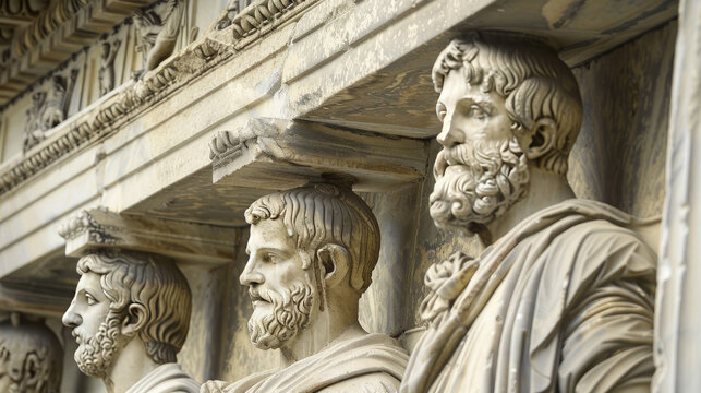 Sculptures of classical Greek figures on columns, representing the cultural and intellectual influence that stoicism had in Roman society