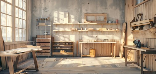 Spacious Woodworking Workshop with Natural Light. - obrazy, fototapety, plakaty