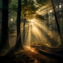 A mysterious forest with rays of sunlight piercing through