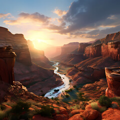 A panoramic view of a canyon at sunrise. 