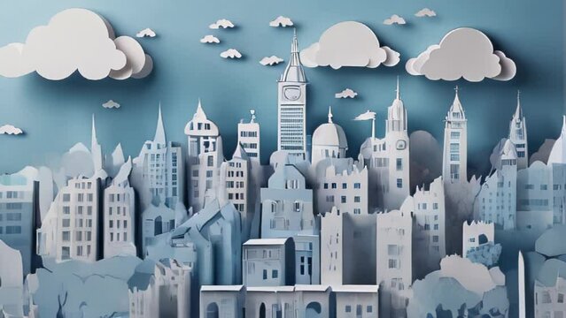 Three-dimensional cut-out art of an urban cityscape crafted in white paper, with buildings and homes layered, and clouds depicted in the background.
