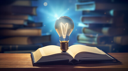 book with light bulb, An online course degree concept with a graduation cap and lightbulb on a...
