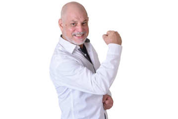 portrait of charming man in black and white shirt with gray beard and bald head model