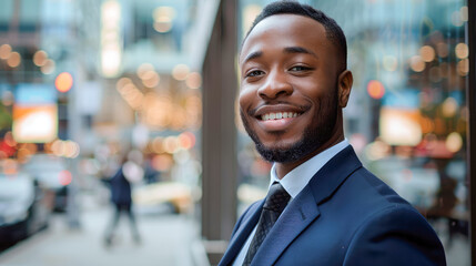 Fototapeta premium Handsome young African businessman wearing suit in city.Generative AI