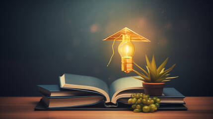 An online course degree concept with a graduation cap and lightbulb on a book, signifying the power...