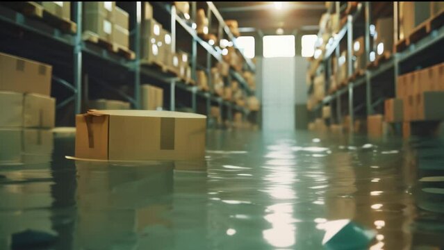 a flooded warehouse with boxes floating on the water
