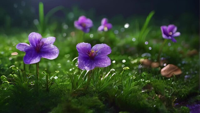 Purple flowers basking in sunlight, surrounded by green moss, evoke the beauty of nature and the arrival of spring.
