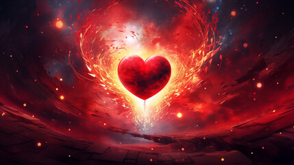 heart in fire, A red heart soaring through a cosmic backdrop, symbolizing mental healing and spiritual growth