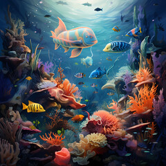 A surreal underwater scene with exotic sea creatures - obrazy, fototapety, plakaty