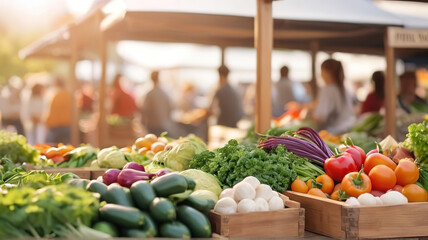 Fresh vegetables at farmers market in summer, closeup. Healthy food - obrazy, fototapety, plakaty