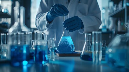 Scientist must always wear protective equipment such as gloves or gown in the laboratory with a light background. Ideal for concepts related to medical research or safety in chemical laboratory work.