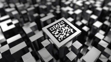 A detailed 3D visualization of a QR code floating in a digital void each black and white square opening up to reveal a unique digital world