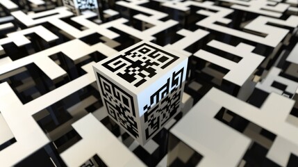 A detailed 3D visualization of a QR code floating in a digital void each black and white square opening up to reveal a unique digital world