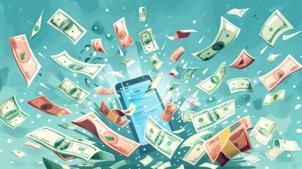 Whimsical colorful illustration of various bills flying into a giant smartphone - obrazy, fototapety, plakaty