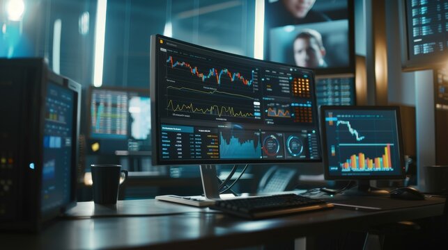 a desktop with dual monitors; one screen showing live forex rates and the other an online remittance transaction in progress detailed enough to see the reflection of hopeful faces on the screen