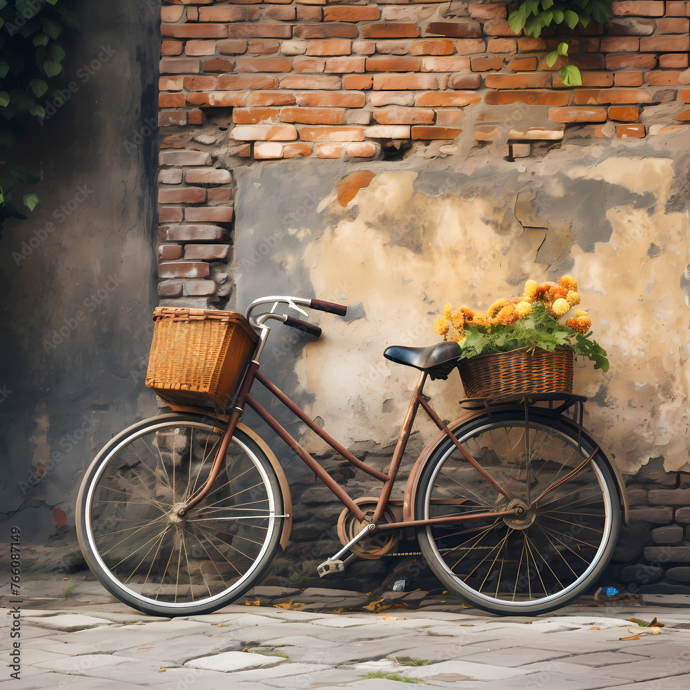 Poster A vintage bicycle parked against a rustic brick wall