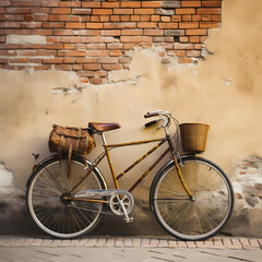 A vintage bicycle parked against a rustic brick wall