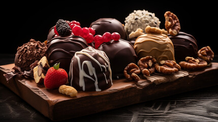 chocolate candy with nuts, A close-up of chocolate pralines with a variety of toppings, nestled on...