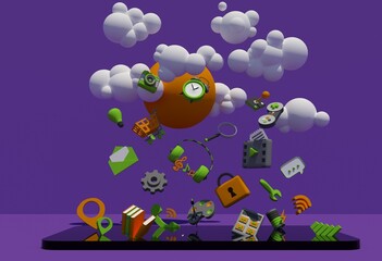 Icons with various phone applications falling into the smartphone from the clouds, 3D rendering of cartoon green orange purple flowers, concept of downloading applications from cloud services