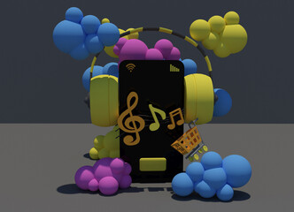 3d black smartphone and yellow headphones, musical notes and a market cart with a button, around cartoon multi-colored clouds on a gray background, 3d rendering concept of buying online music