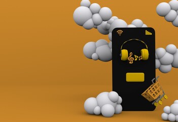 smartphone in the clouds on phone display yellow headphones with notes and button with market cart on yellow background 3 cartoon renderings, online music buying concept