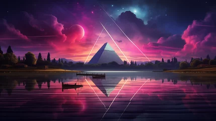 Fotobehang A tranquil lakefront framed by a neon triangle, with a retro futurist synthwave sky above  © Hasnain Arts