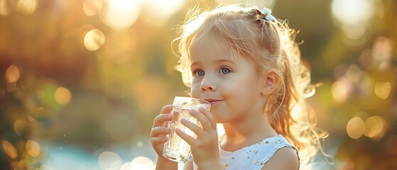 Outside, in-depth of a little youngster girl sipping a glass of water summer refreshing sunny day and space, Generative AI.