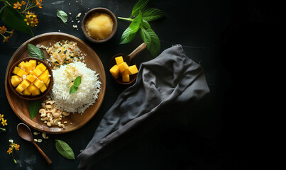  a mango and rice dish on a wooden plate, with one small bowl filled with cubed fresh mango next to the steamed white grains on top - Powered by Adobe
