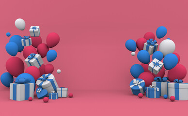 gift boxes of various shapes, pink blue white color scheme with frosted balls on an isolated background. 3D rendering, cartoonishly positioned symmetrically at the corners of the image.