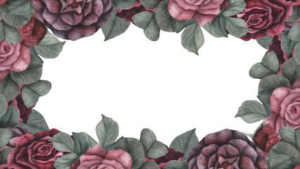 Border frame gothic rose, leaves magical texture isolated on white background. Watercolor hand drawn botanical sketch illustration. Art for design mystical halloween witch decoration, scary card