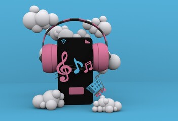 3d smartphone and pink headphones, musical notes and a market cart, around cartoon clouds on a blue background, 3d rendering