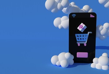 a market cart drops a gift and a black smartphone with a big button in the clouds 3d render cartoon on a blue background
