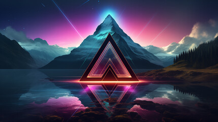 A glowing neon triangle on a peaceful lake, set against a backdrop of synthwave-inspired mountains  - obrazy, fototapety, plakaty