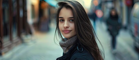 A woman with layered black hair and an electric blue scarf around her neck stands on the city street, smiling happily. She exudes a sense of fun and excitement, ready for a travel event - obrazy, fototapety, plakaty