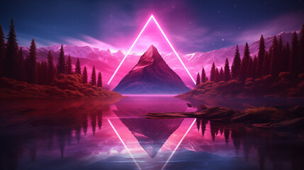 A glowing neon triangle on a peaceful lake, set against a backdrop of synthwave-inspired mountains  - Powered by Adobe