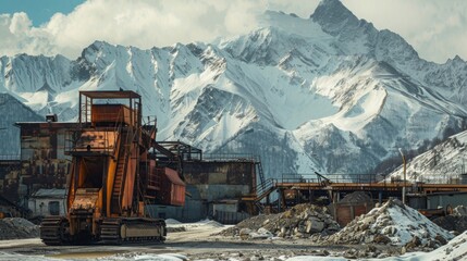 Large Dump Truck Parked in Front of Mountain - obrazy, fototapety, plakaty