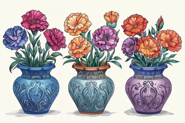 Three Colorful Vases Filled With Flowers