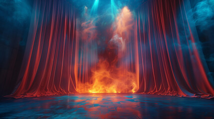 A beautifully lit stage with curtains gracefully cascading down.