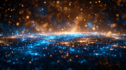 Double exposure Universal with abstract glitter lights. blue, gold and black in the air. de focused. banner.
