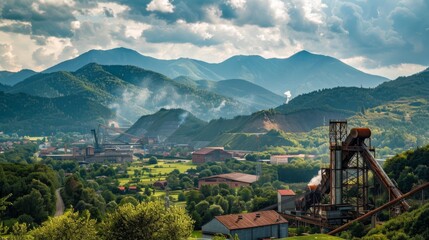 Factory Smoke Billowing in Mountain Landscape