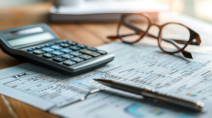 A focused shot of an accounting workstation, featuring a calculator, pen, glasses, and financial documents spread out on a desk, bathed in soft light. Tax calculation financial concept.
