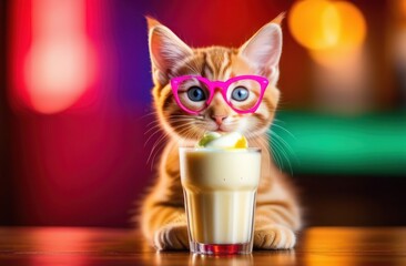 Red striped smiling funny kitten seats in pink glasses near milkshake. Blurred background with bokeh