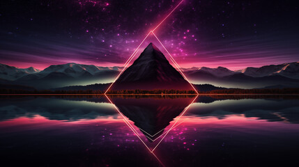 lake in the mountains, A neon triangle framing a starry night over a lake, complemented by a synthwave color gradient 